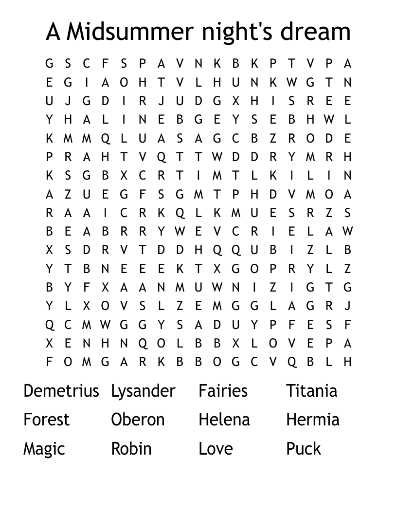A Midsummer night's dream  Word Search
