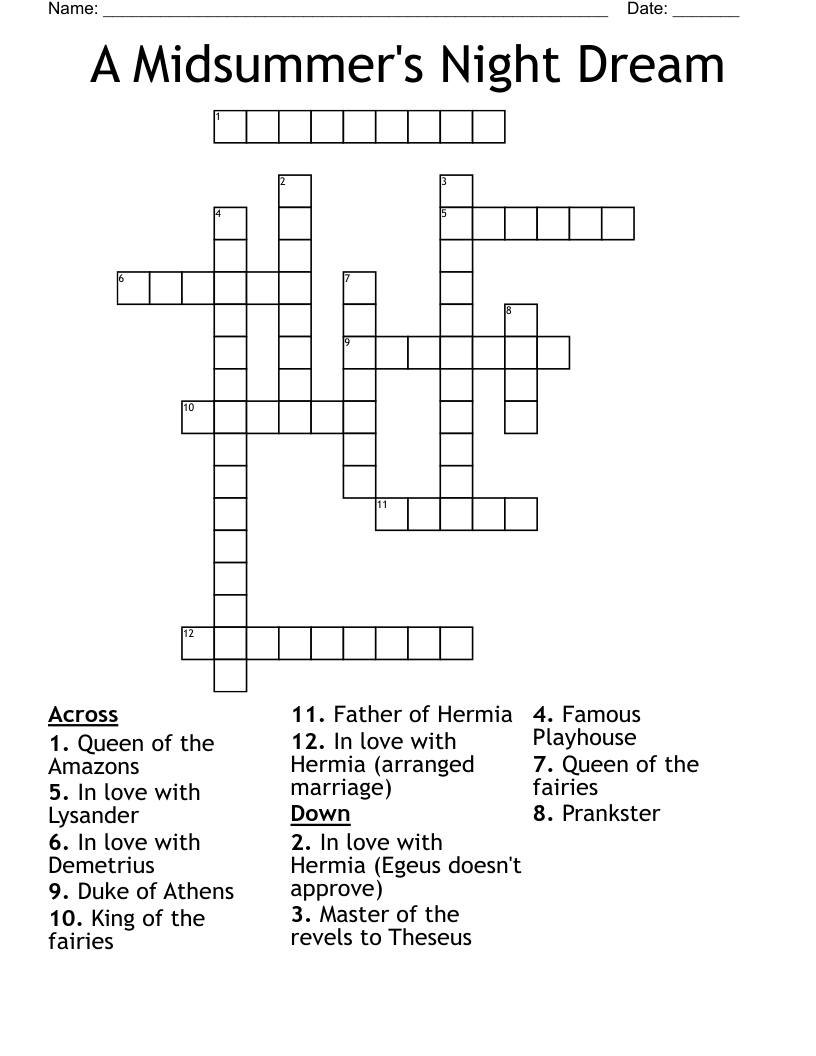 A Midsummer's Night Dream Crossword