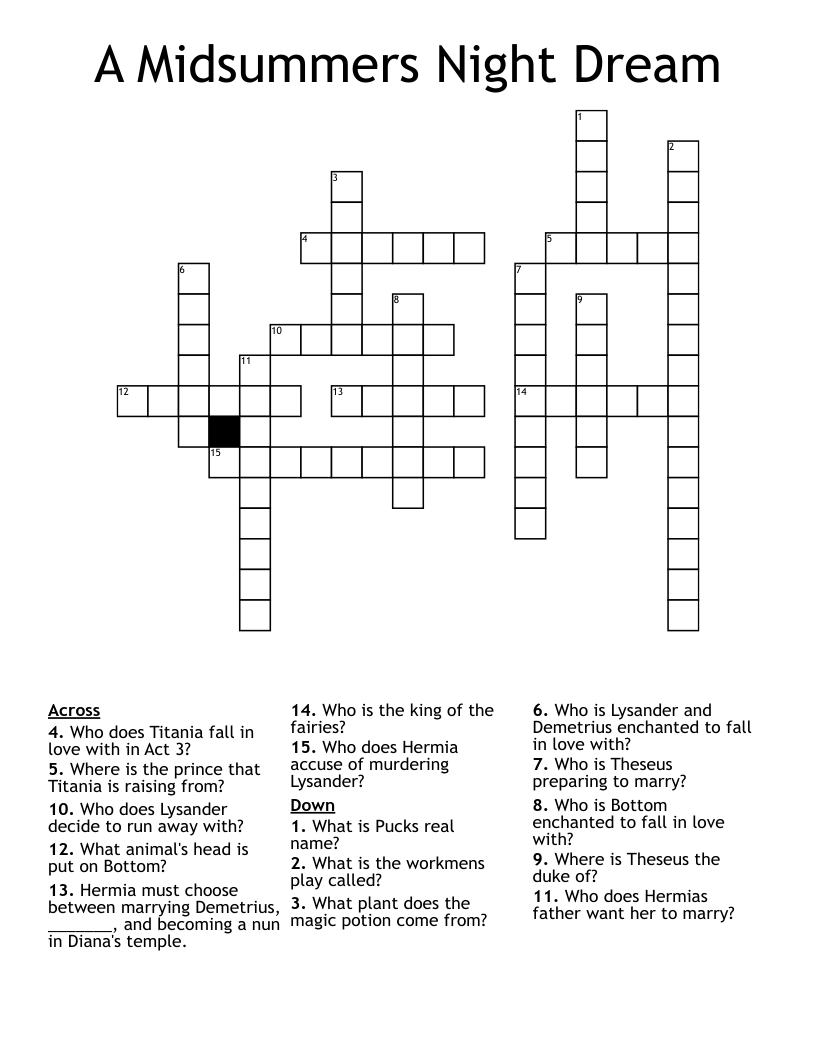 A Midsummers Night Dream Crossword