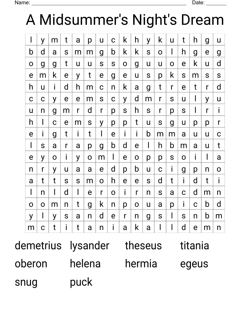 A Midsummer's Night's Dream Word Search