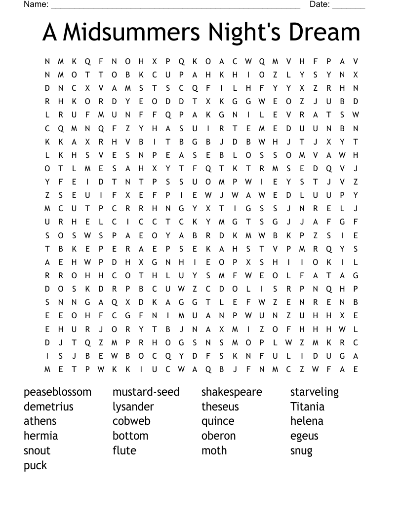 A Midsummers Night's Dream Word Search
