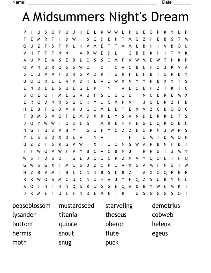A Midsummers Night's Dream Word Search