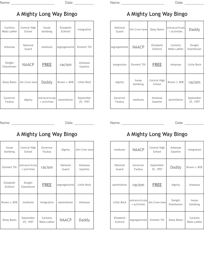 A Mighty Long Way Bingo