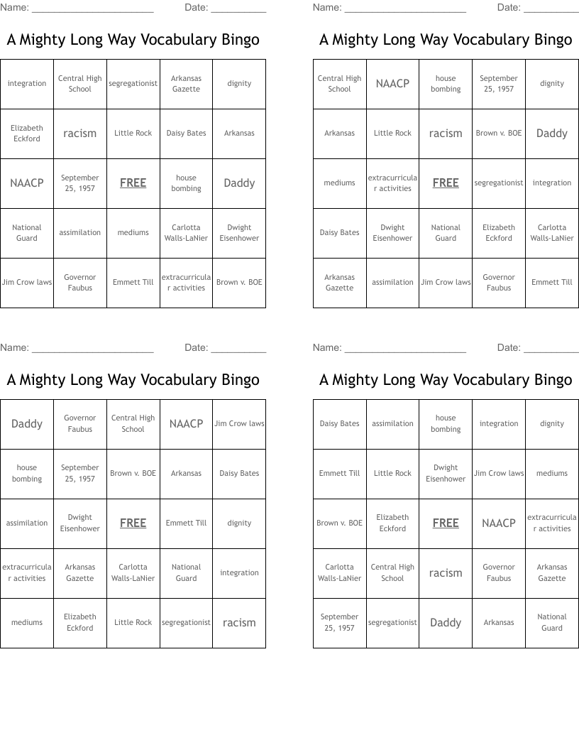 A Mighty Long Way Vocabulary Bingo