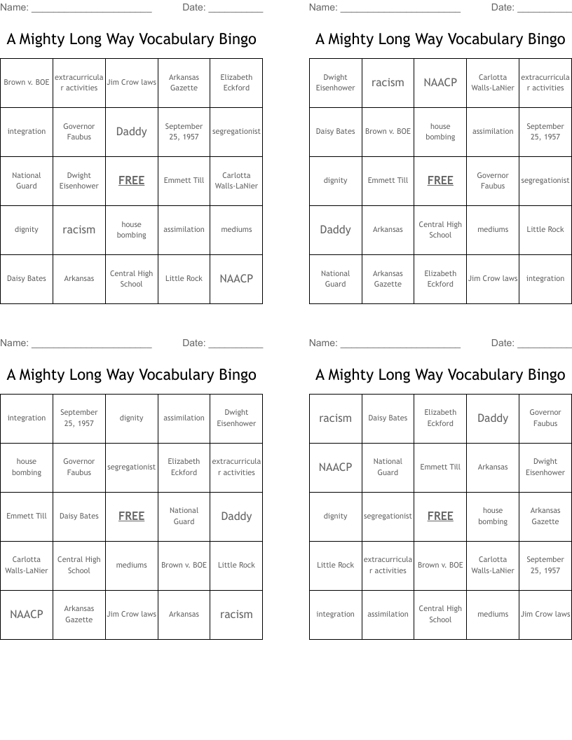 A Mighty Long Way Vocabulary Bingo