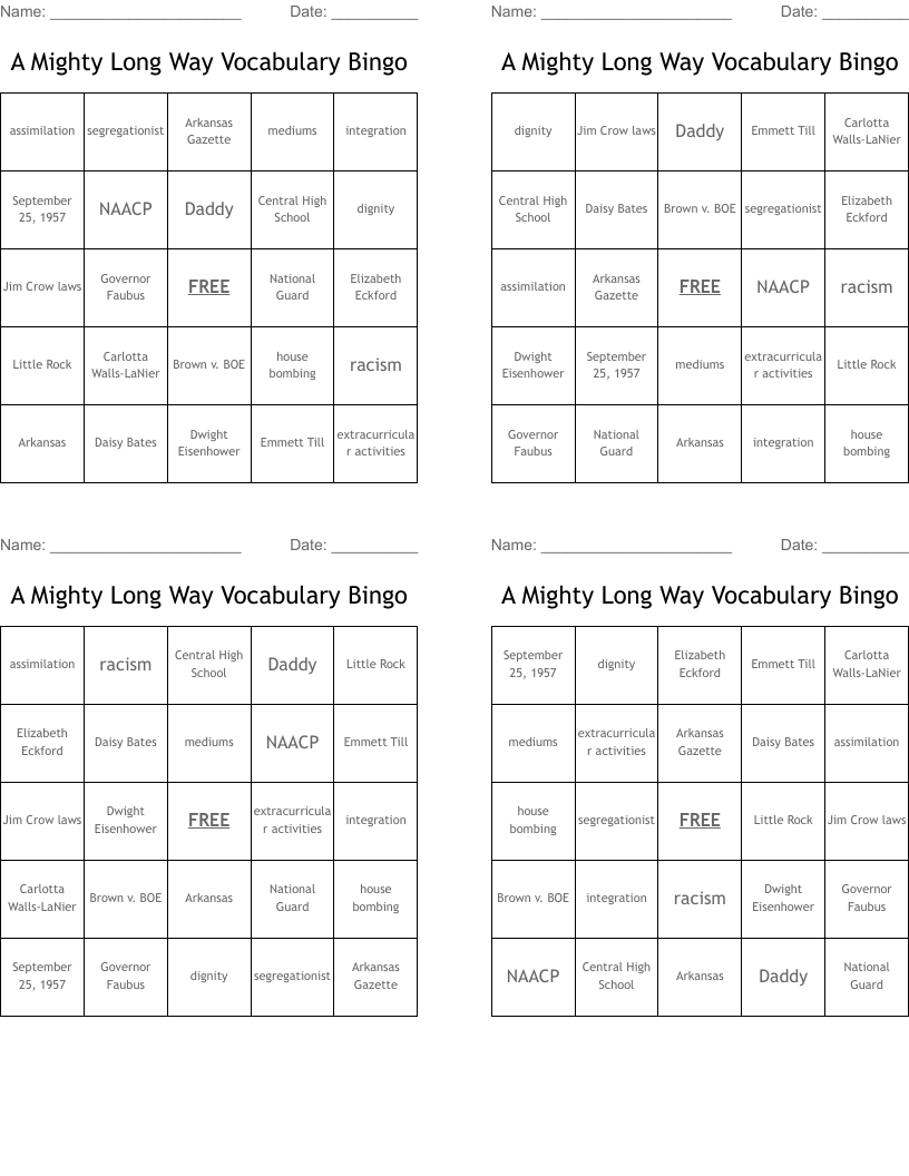 A Mighty Long Way Vocabulary Bingo