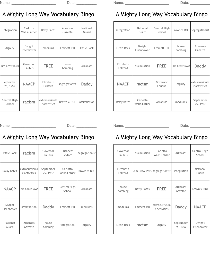 A Mighty Long Way Vocabulary Bingo 