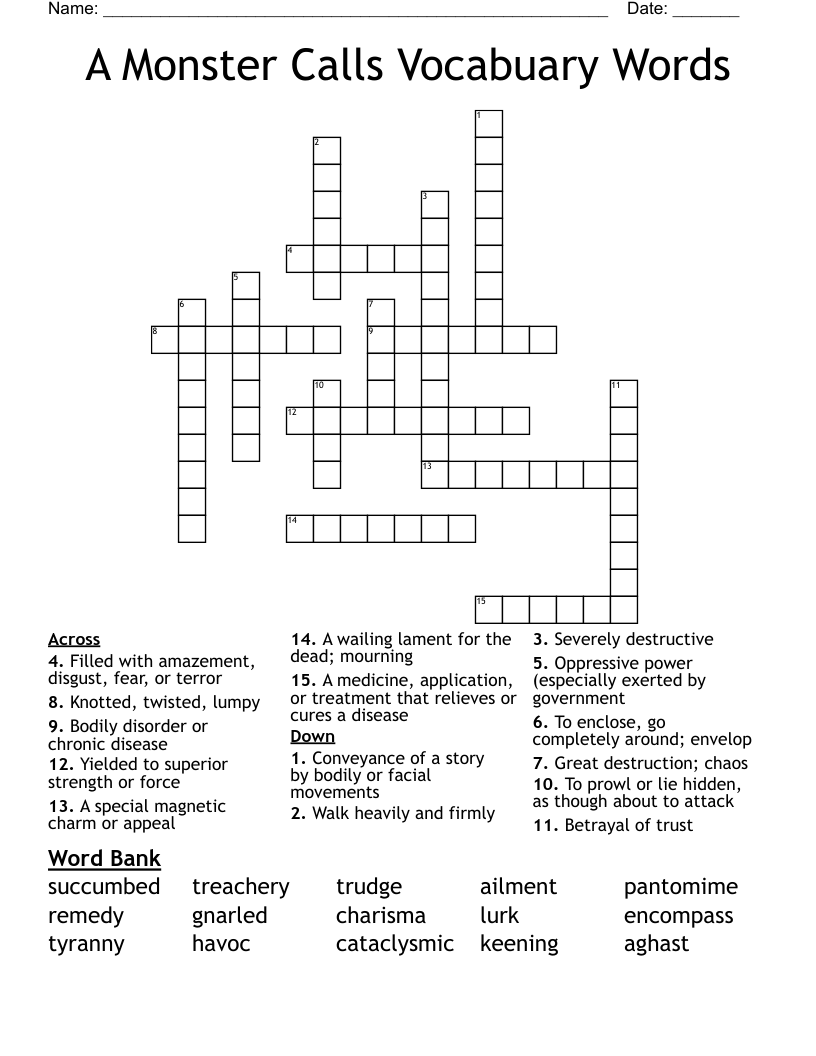 A Monster Calls Vocabuary Words Crossword