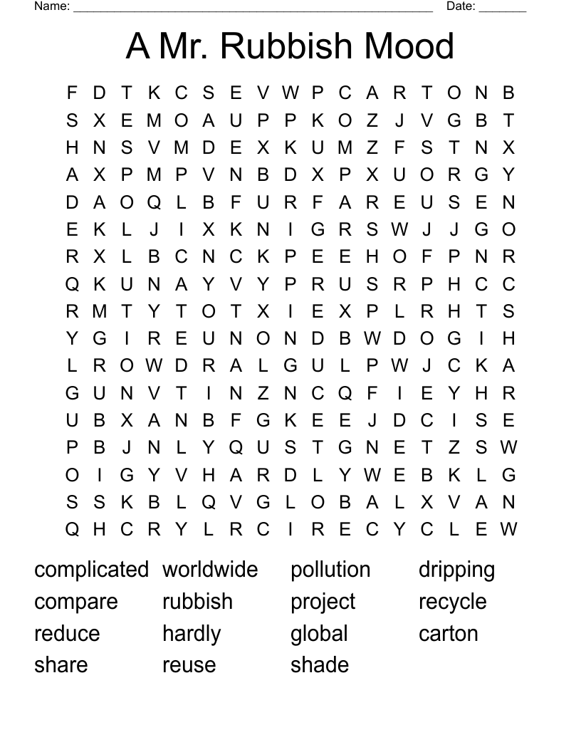 A Mr. Rubbish Mood Word Search