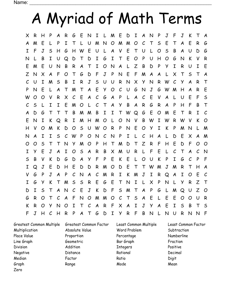 A Myriad of Math Terms Word Search