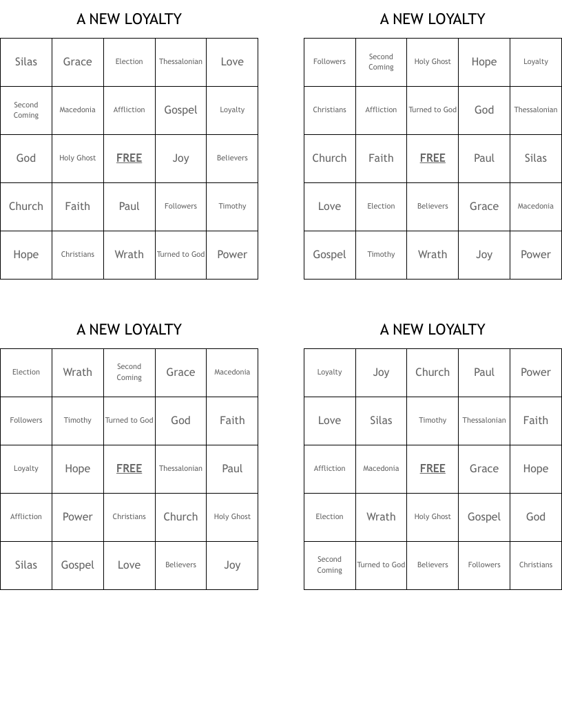 A NEW LOYALTY Bingo Cards