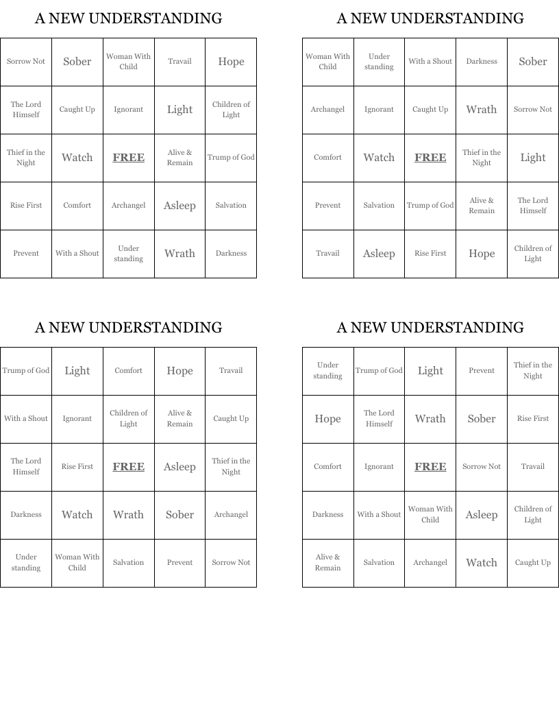 A NEW UNDERSTANDING Bingo Cards