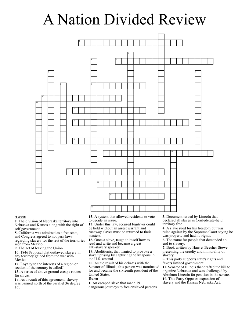 A Nation Divided Review Crossword