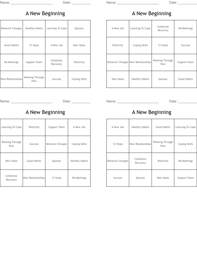 A New Beginning Bingo Cards