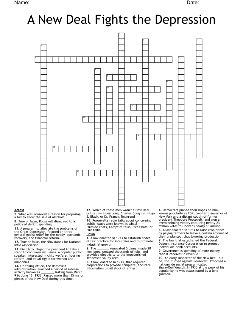 A New Deal Fights the Depression  Crossword