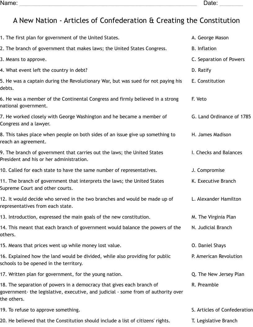 A New Nation - Articles of Confederation & Creating the Constitution Worksheet