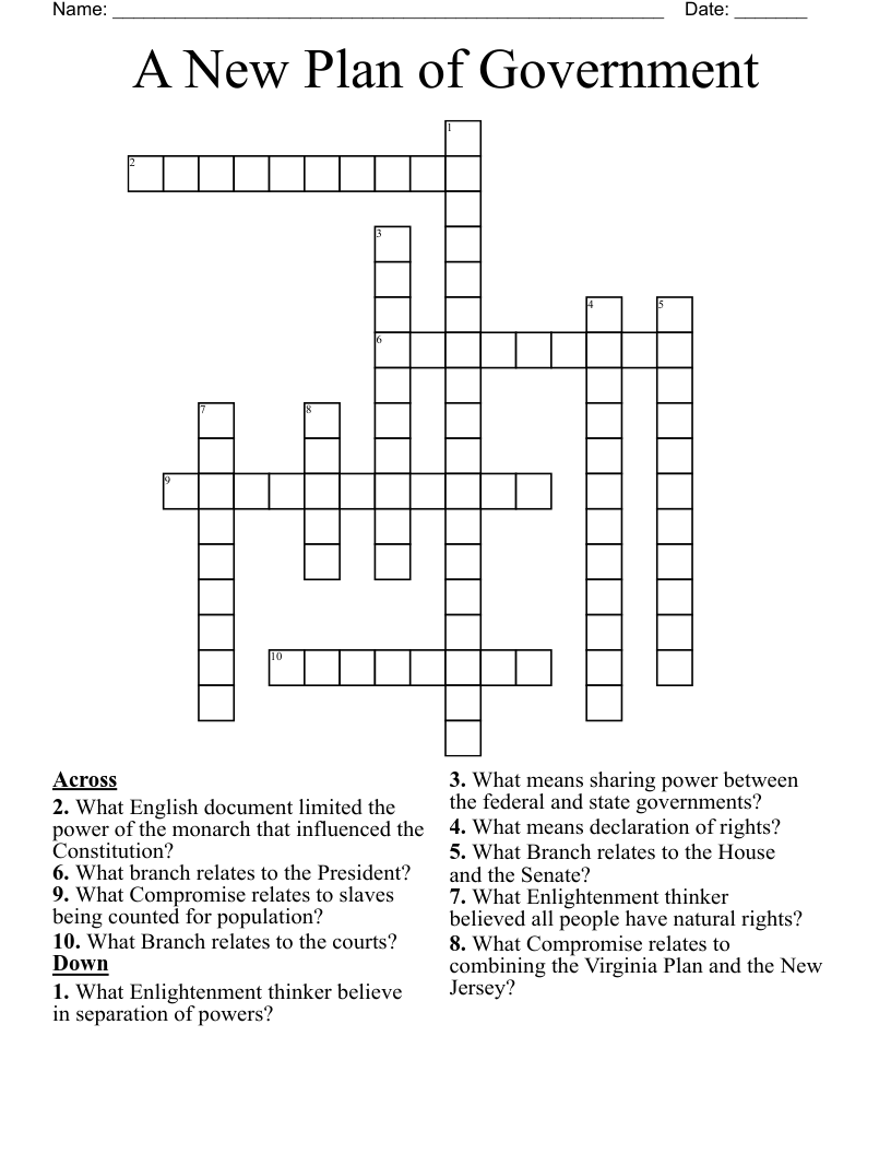 A New Plan of Government Crossword