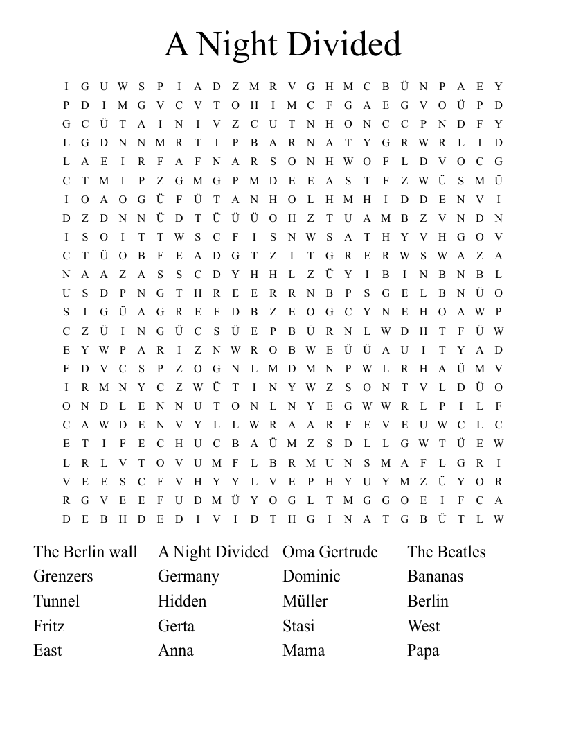 A Night Divided Word Search