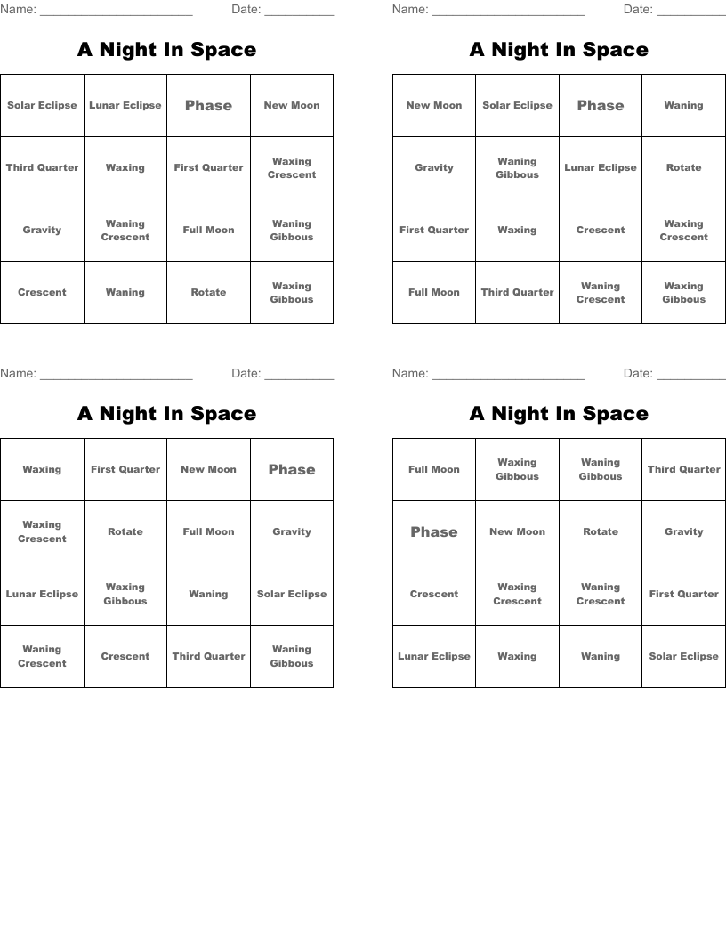 A Night In Space  Bingo Cards