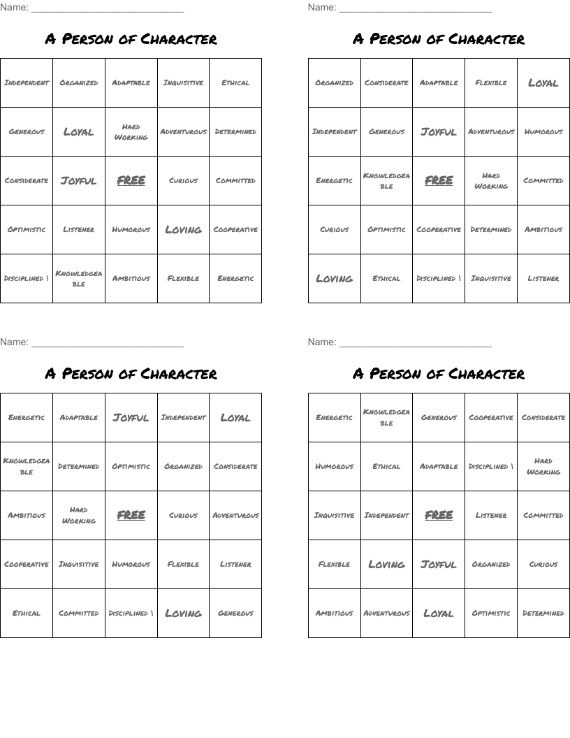 A Person of Character Bingo Cards