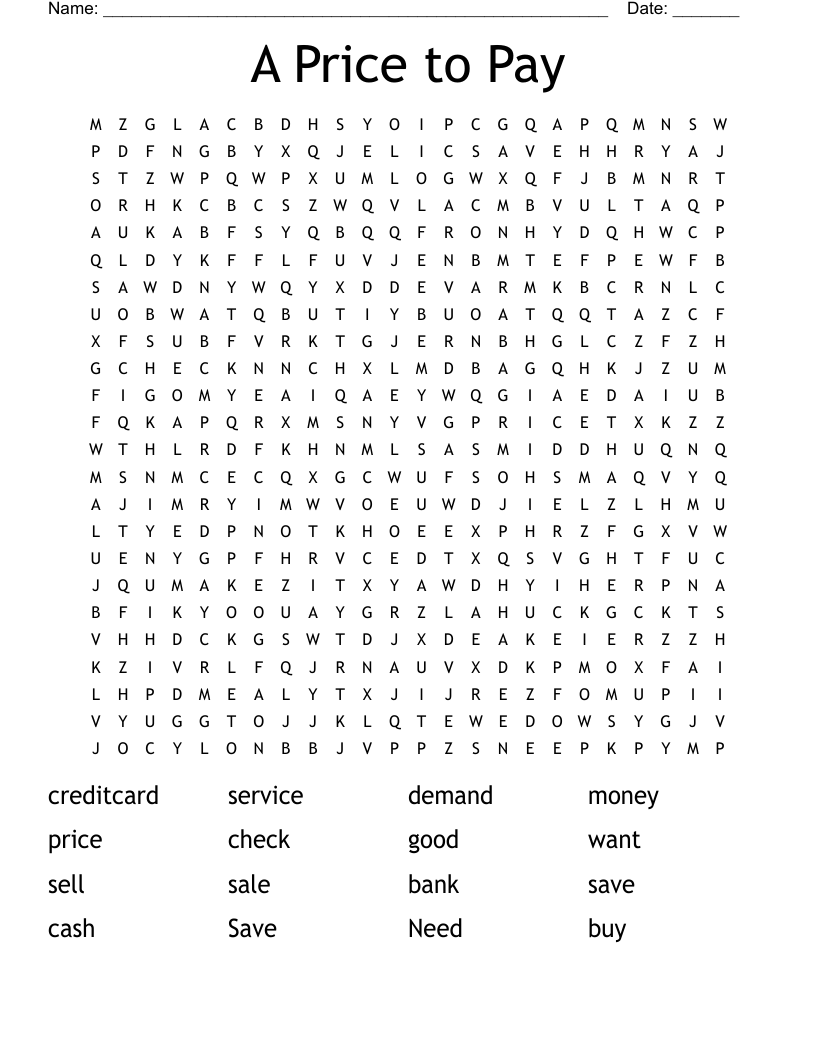 A Price to Pay Word Search
