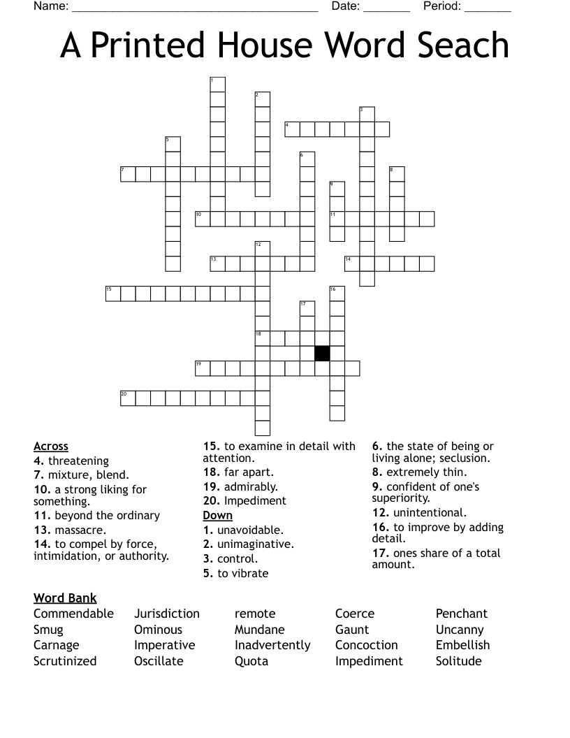 A Printed House Word Seach Crossword