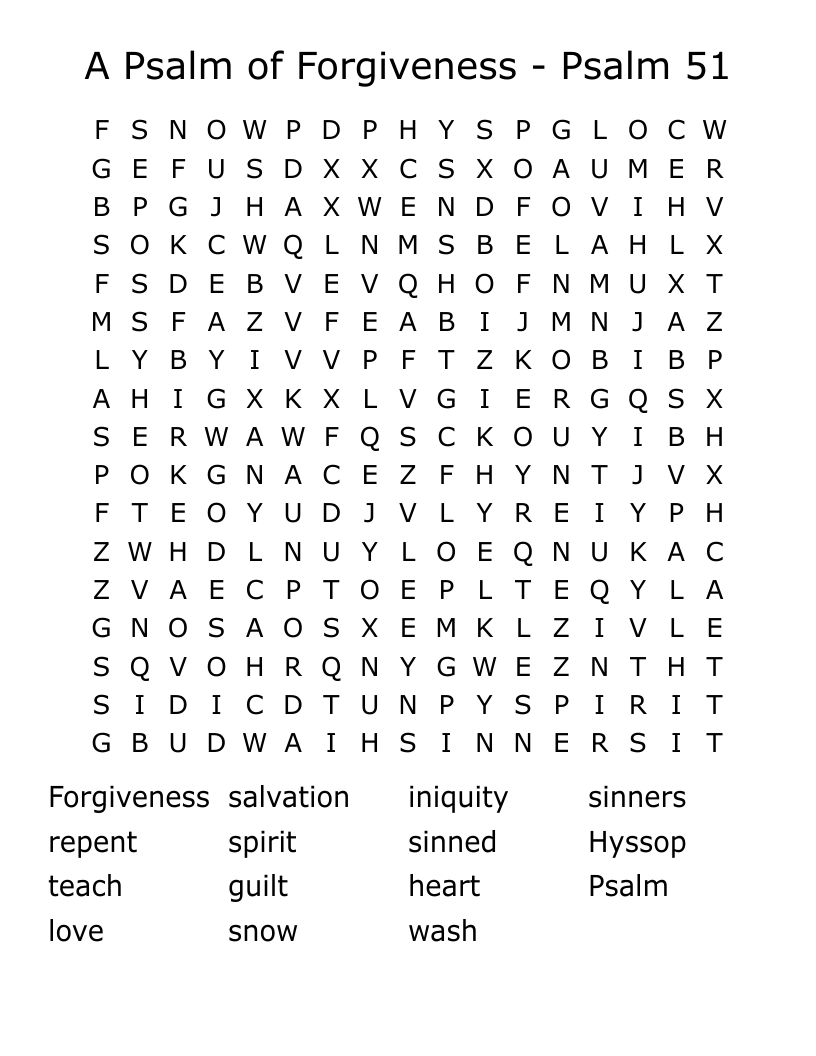 A Psalm of Forgiveness - Psalm 51 Word Search