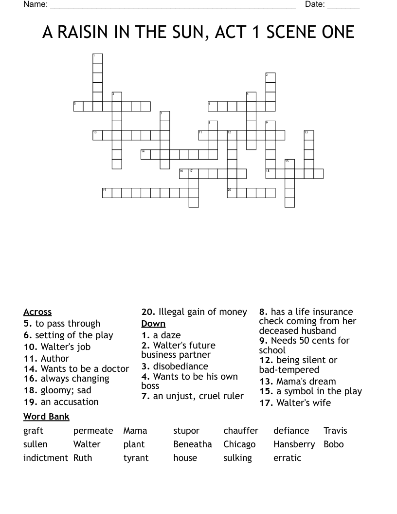 A RAISIN IN THE SUN, ACT 1 SCENE ONE Crossword