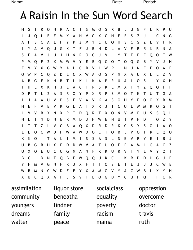 A Raisin In the Sun Word Search