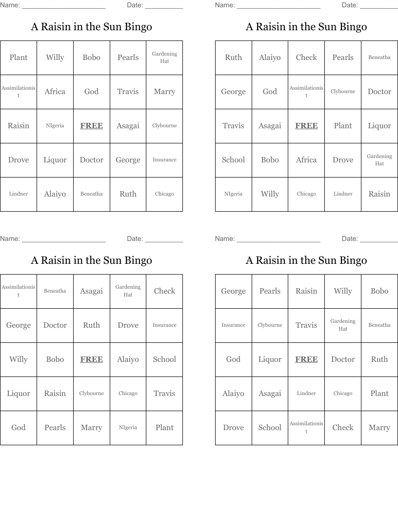 A Raisin in the Sun Bingo