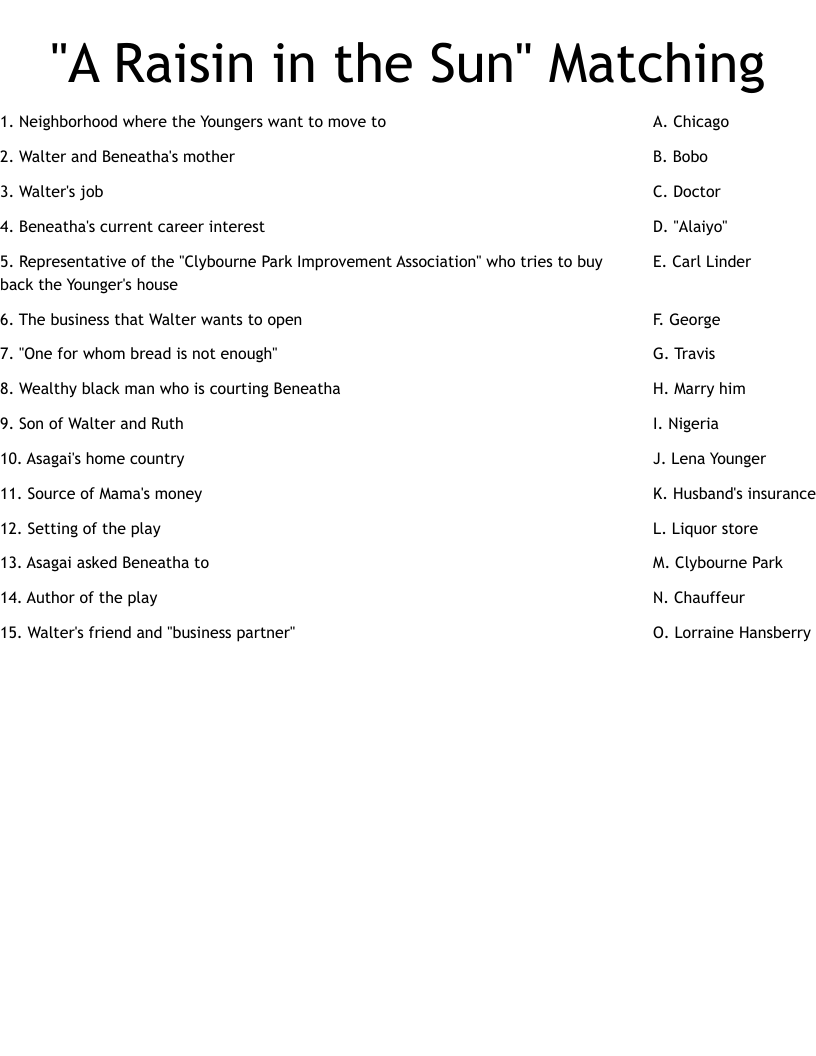 "A Raisin in the Sun" Matching  Worksheet