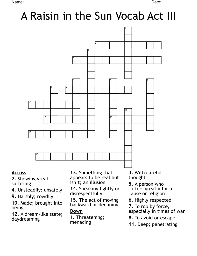 A Raisin in the Sun Vocab Act III Crossword