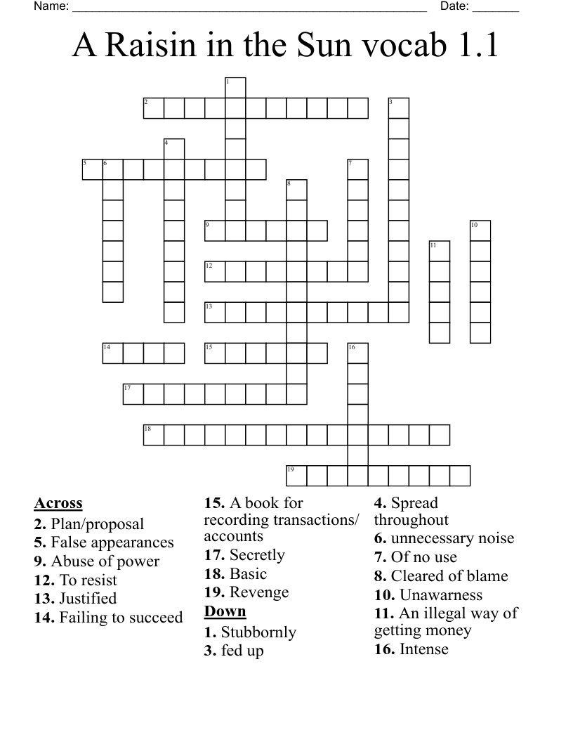A Raisin in the Sun vocab 1.1 Crossword