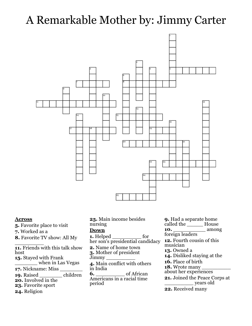 A Remarkable Mother by: Jimmy Carter Crossword