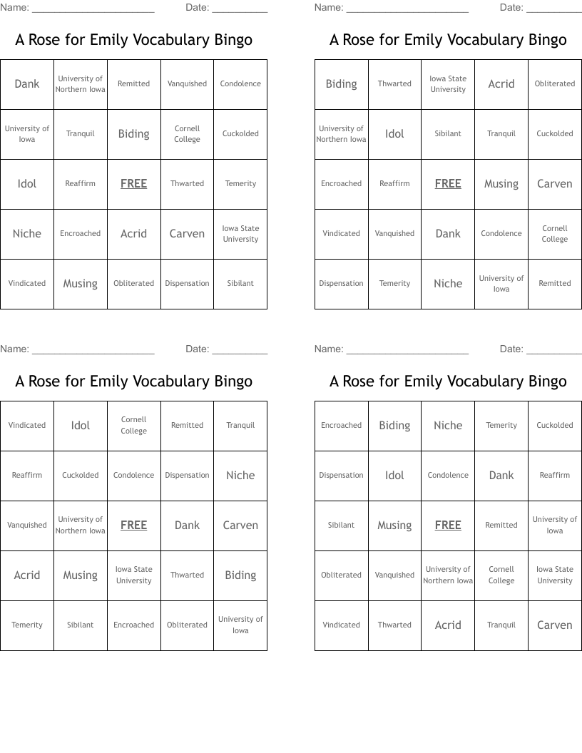 A Rose for Emily Vocabulary Bingo