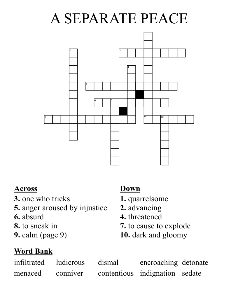 A SEPARATE PEACE Crossword