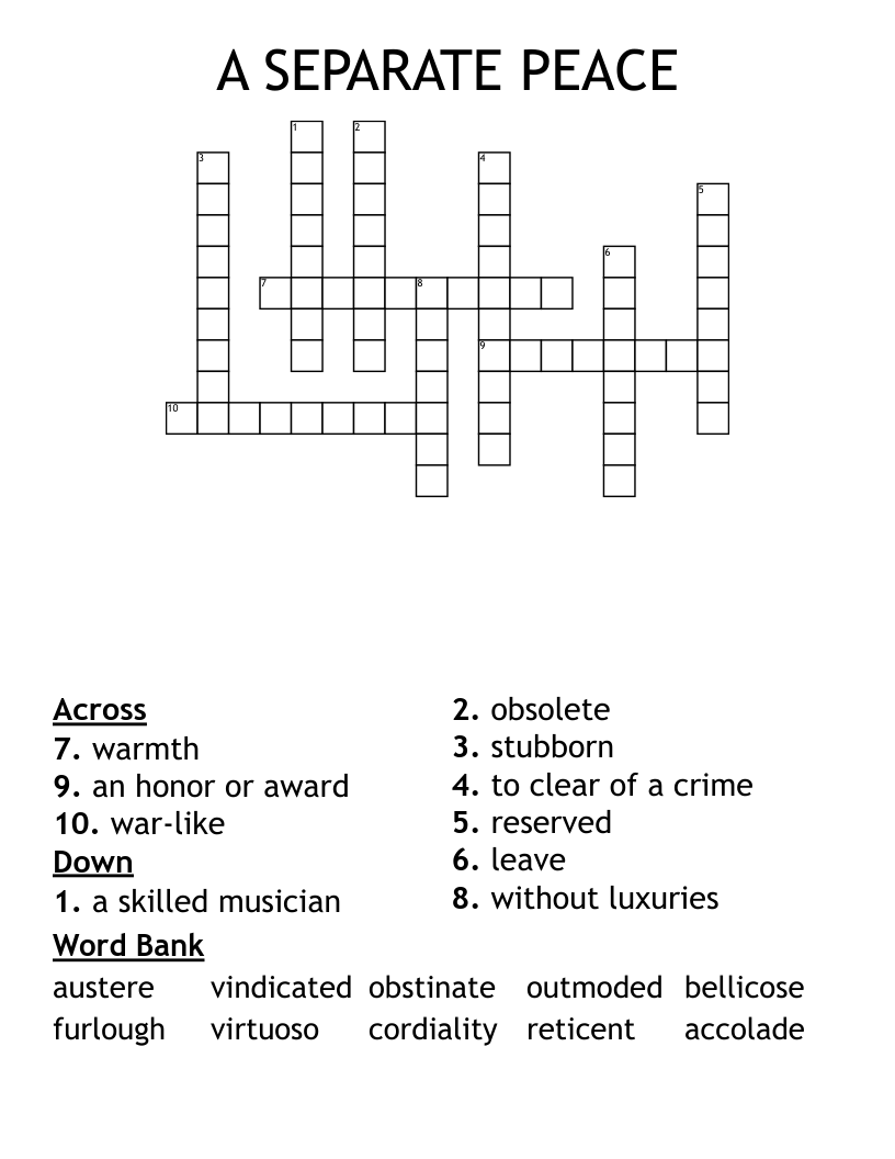 A SEPARATE PEACE Crossword
