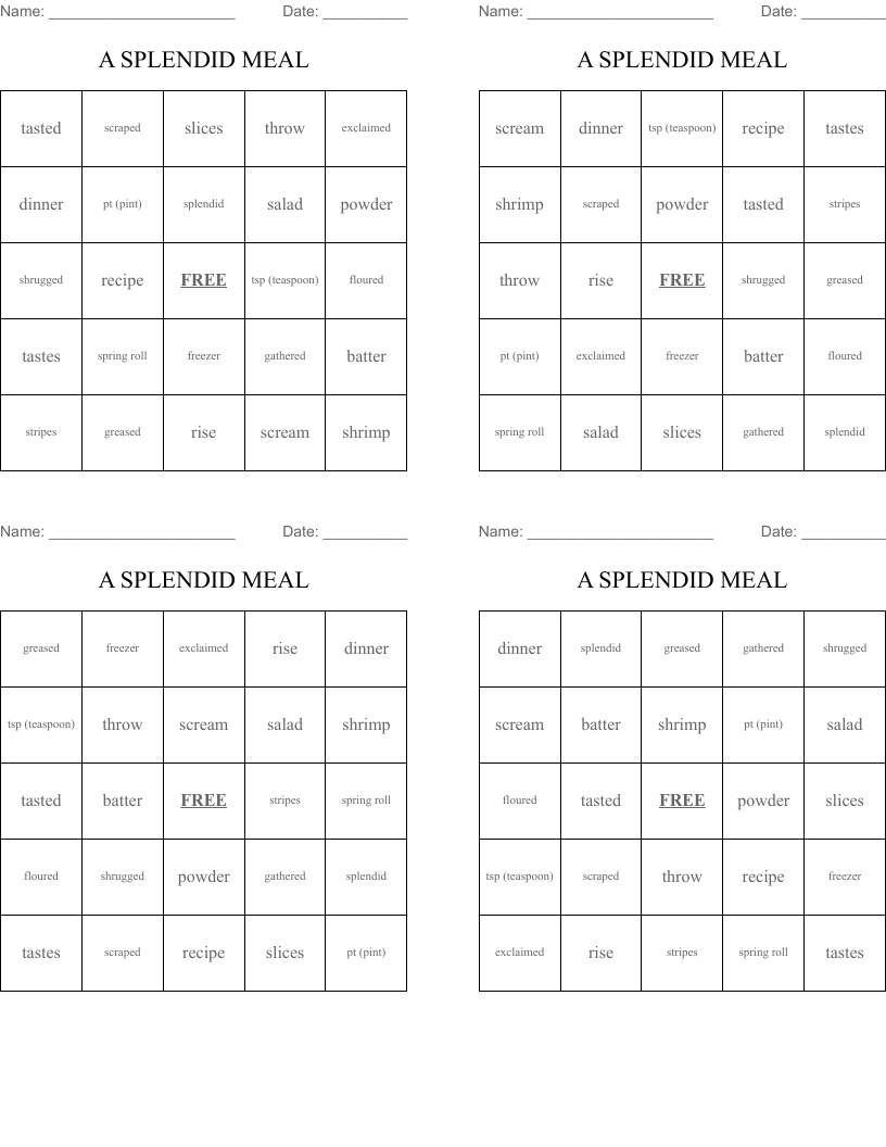 A SPLENDID MEAL Bingo Cards