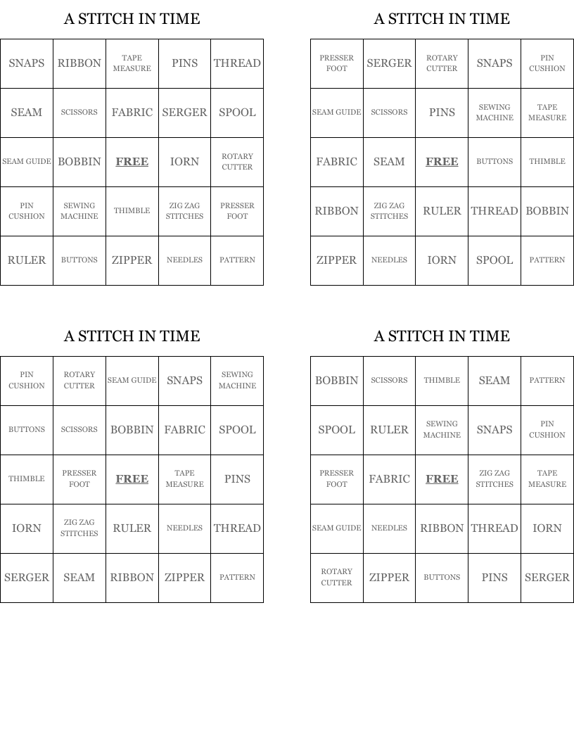 A STITCH IN TIME Bingo Cards