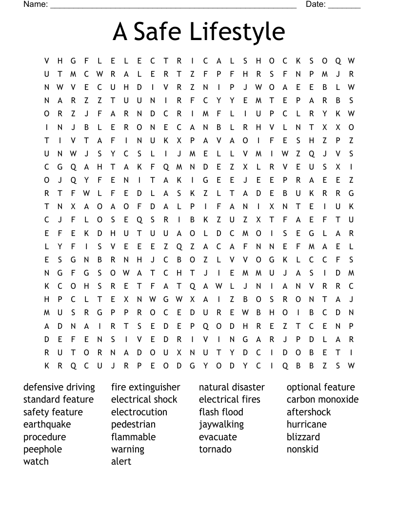 A Safe Lifestyle Word Search