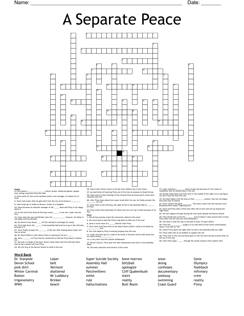 A Separate Peace Crossword