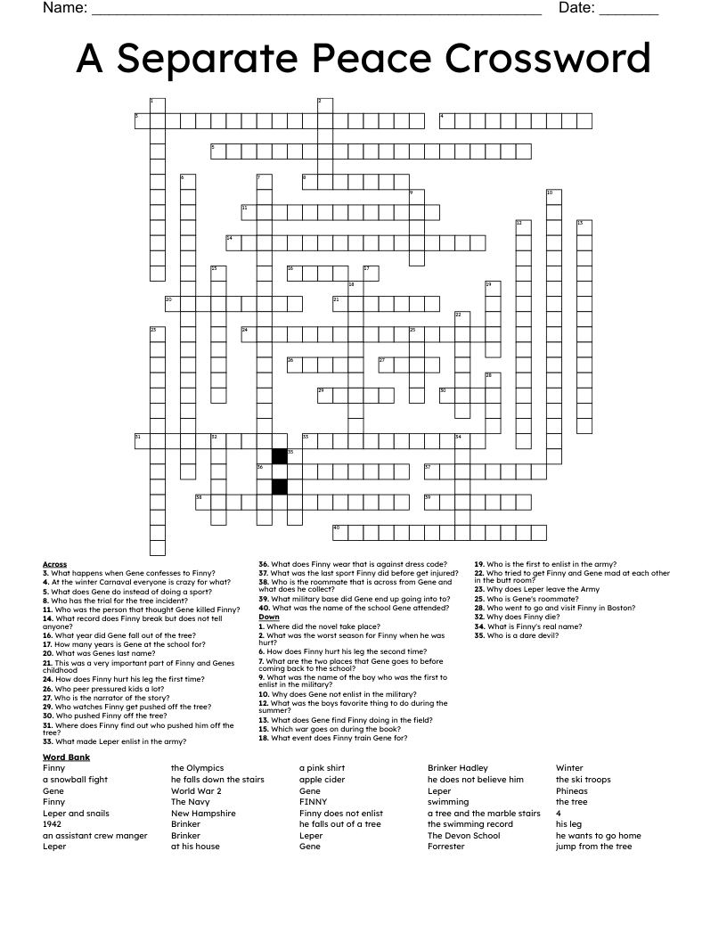 A Separate Peace Crossword