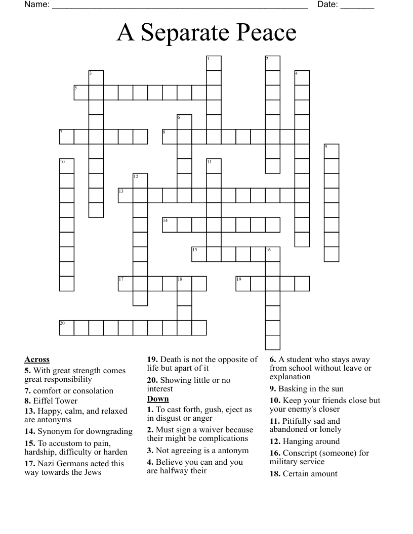 A Separate  Peace  Crossword