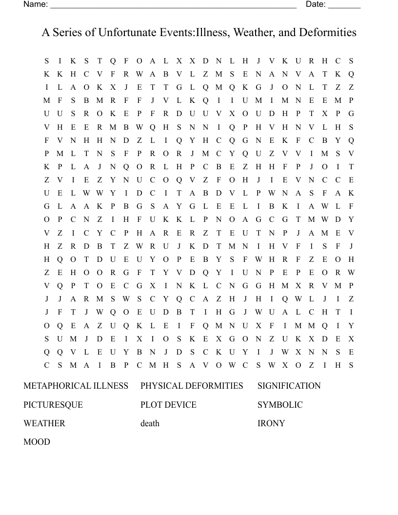 A Series of Unfortunate Events:Illness, Weather, and Deformities Word Search