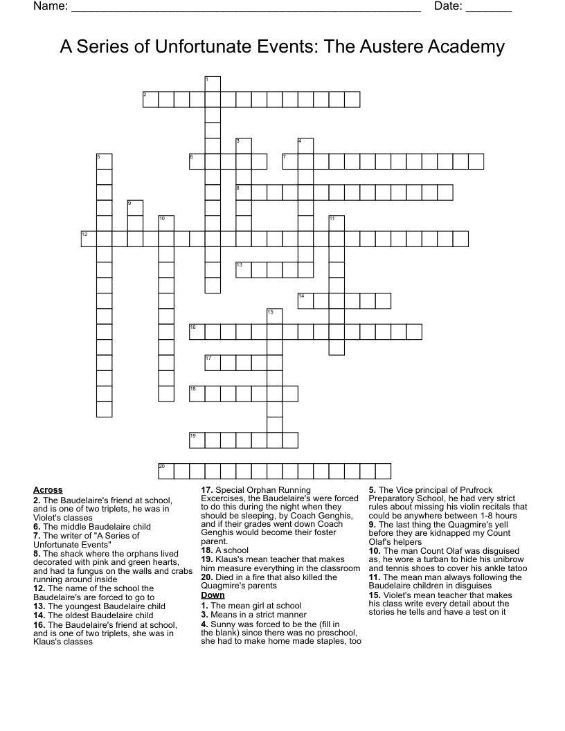 A Series of Unfortunate Events: The Austere Academy Crossword