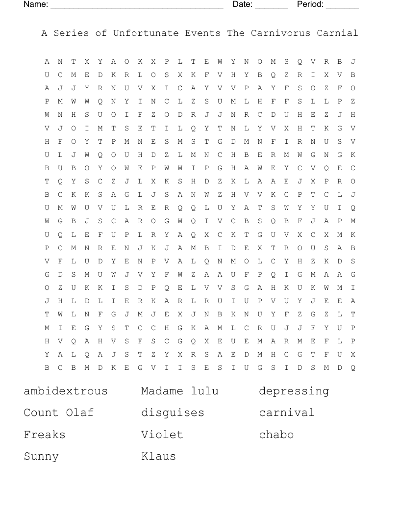 A Series of Unfortunate Events The Carnivorus Carnial Word Search