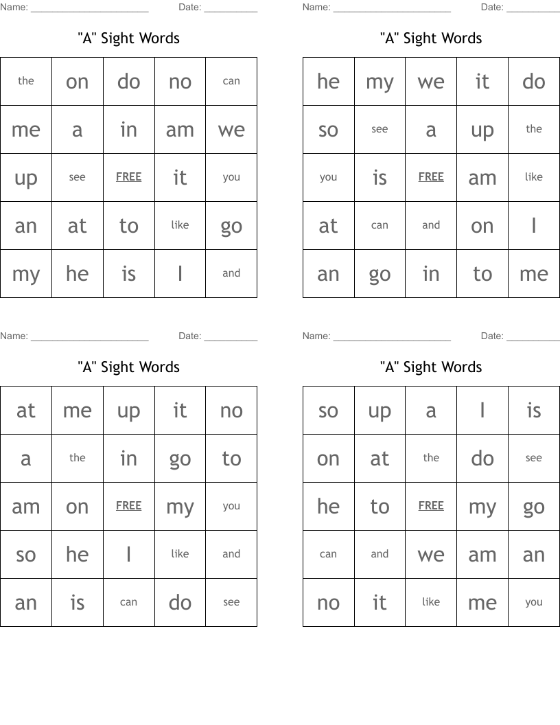 "A" Sight Words Bingo Cards