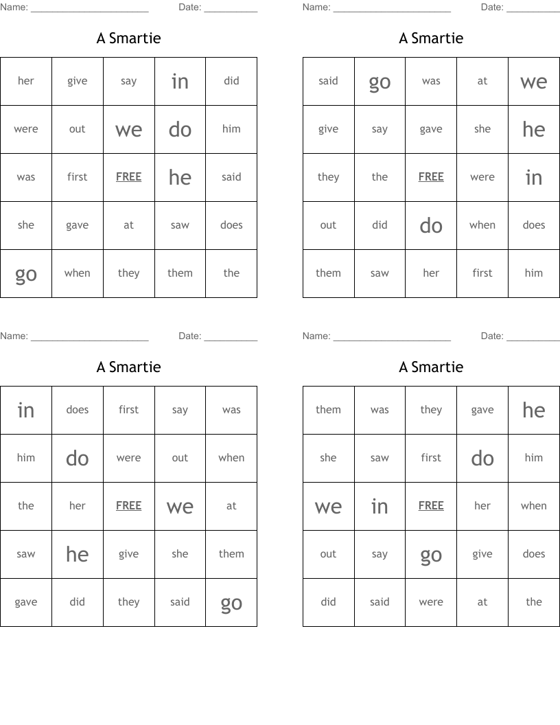 A Smartie Bingo Cards