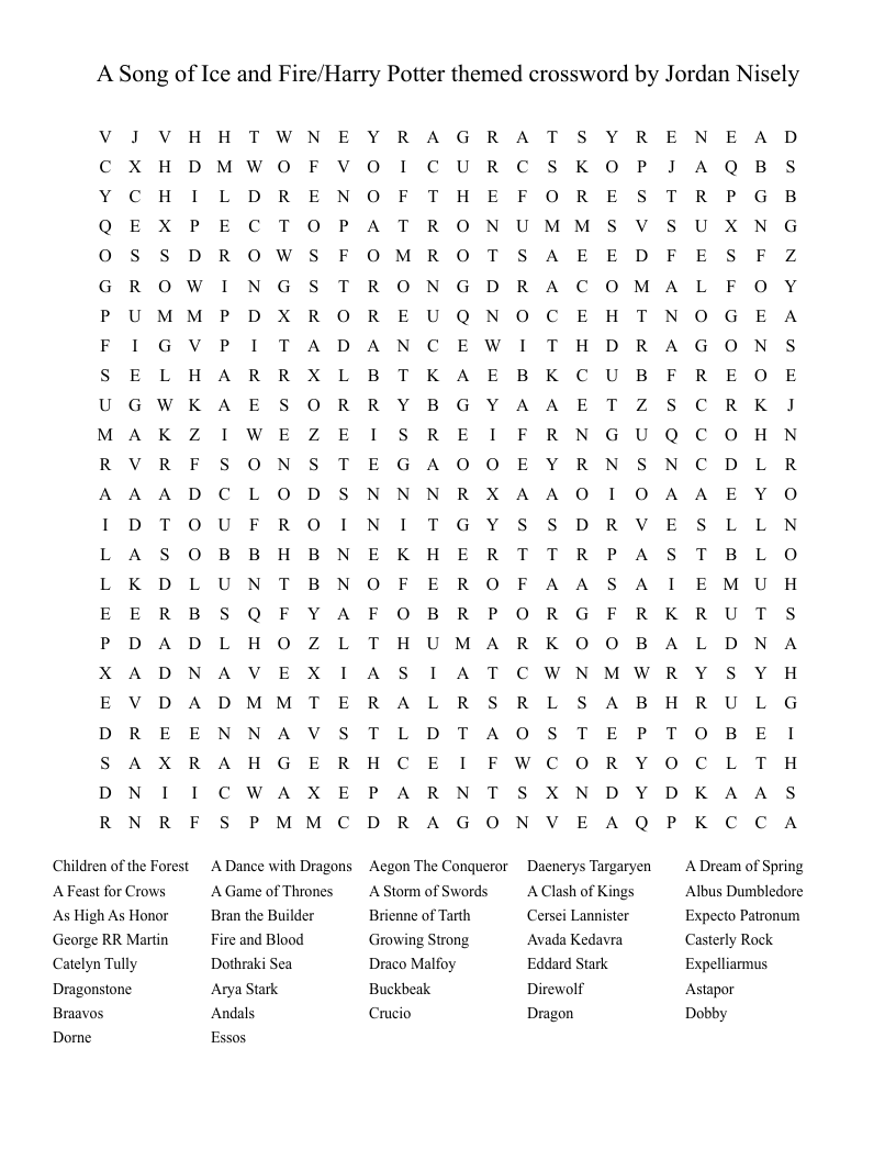 A Song  of Ice and Fire/Harry Potter themed crossword by Jordan Nisely Word Search