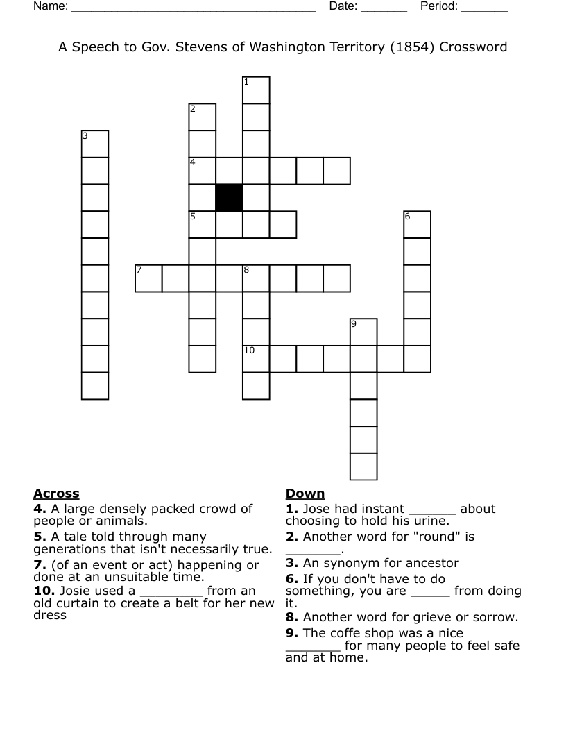 A Speech to Gov. Stevens of Washington Territory (1854) Crossword